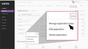 A student's profile in Xello. There is a list of college applications the student is tracking. The three-dot menu is open next to an application and the cursor is clicking Manage application tasks.
